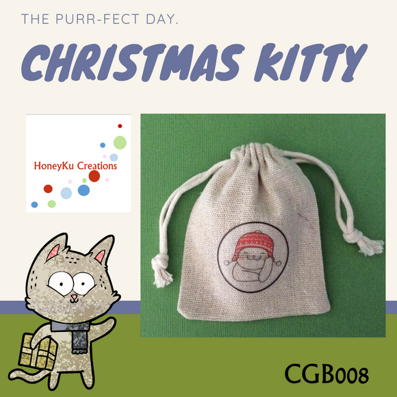 Christmas Gift Bag perfect for on the dinner table Christmas Cat with Ear Warming Hat and Pompoms