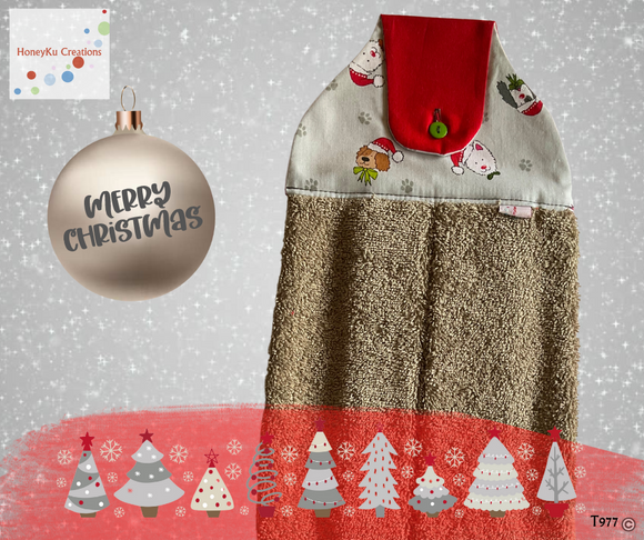 Towel with Button Over Top Tab 977 Latte Towel Dog Christmas